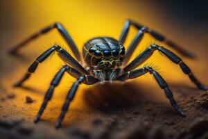 saltando araña de cerca en sólido color fondo, espacio de copia. ai generativo foto