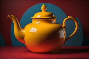A ceramic teapot on a colid color background. ai generative photo