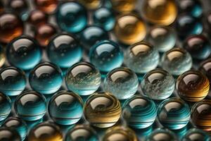 Colorful glass marbles on a the table. Selective focus. ai generative photo