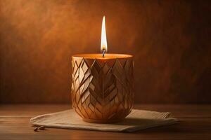 Burning aroma candle on wooden table against solid color background, copyspace. ai generative photo