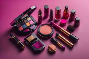 colección de maquillaje y cosmético belleza productos arreglado en rojo antecedentes. ai generativo foto