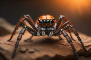 saltando araña de cerca en sólido color fondo, espacio de copia. ai generativo foto