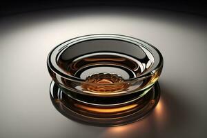 Empty glossy transparent ashtray on a dark background. ai generative photo