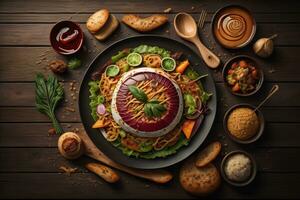Top view of different indian dishes on dark background. Indian cuisine. ai generative photo