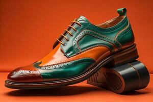 Men's shoes on a solid colour background. Studio shot. ai generative photo