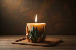 Creative burning candle on a wooden background. ai generative photo