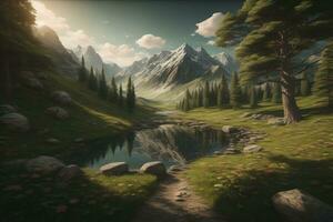 Beautiful fantasy landscape with a river in the mountains. ai generative photo