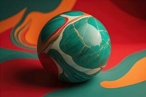 Colorful marble ball on a solid colour background. Close-up. ai generative photo