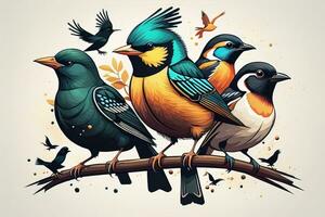 Vector illustration of a group of colorful birds sitting on a branch. ai generative photo