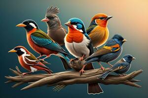 Vector illustration of a group of colorful birds sitting on a branch. ai generative photo