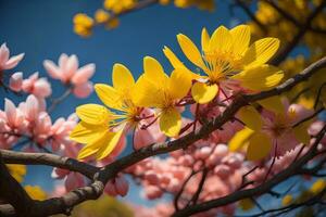 cherry blossom sakura flower on blue sky background, ai generative photo