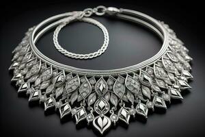 Silver necklace on a solid color background in close-up. ai generative photo