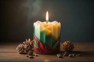 Creative burning candle on a wooden background. ai generative photo