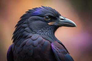 Close up portrait of a black raven, Corvus corax. ai generative photo