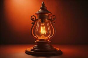 Lantern on a wooden table and a dark background. ai generative photo