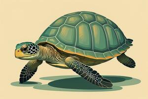 ilustración de un Tortuga en un verde antecedentes en dibujos animados estilo. ai generativo foto