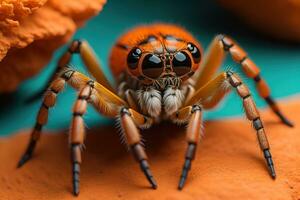 jumping spider closeup on solid color background, copyspace. ai generative photo