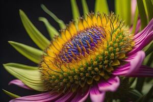 Beautiful yellow dahlia flower on dark background, closeup. ai generative photo