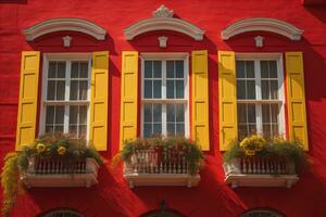 Colorful windows of a typical house in the city, ai generative photo
