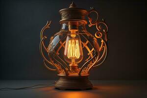 Glowing glass light bulb on dark background. ai generative photo