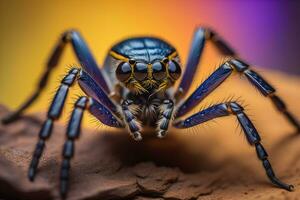 jumping spider closeup on solid color background, copyspace. ai generative photo