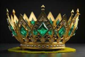 low key image of beautiful golden queen, king crown. ai generative photo