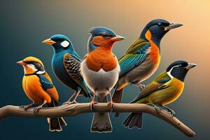 Vector illustration of a group of colorful birds sitting on a branch. ai generative photo