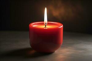 Burning aroma candle on wooden table against solid color background, copyspace. ai generative photo