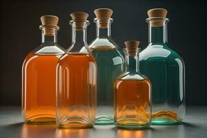 a row of glass bottles with colored liquid. ai generative photo