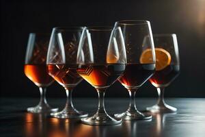 Wine glasses on a wooden table against the background. ai generative photo