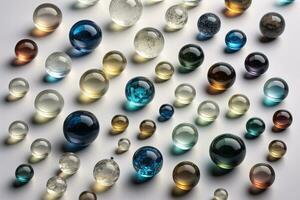 Colorful glass marbles on a the table. Selective focus. ai generative photo