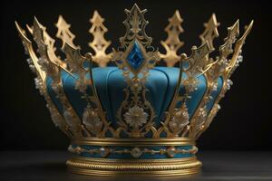 low key image of beautiful golden queen, king crown. ai generative photo