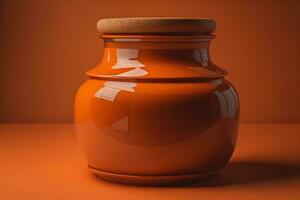 Jar of honey with solid colour background. ai generative photo