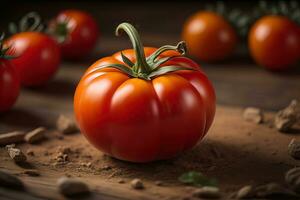 Fresh tomatoe on a wooden background. ai generative photo