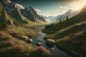 Beautiful fantasy landscape with a river in the mountains. ai generative photo