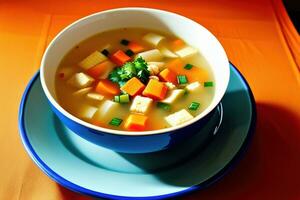 Vegetable soup in a bowl on wooden background. ai generative photo