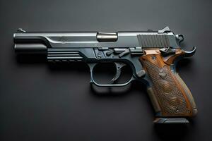 Semi-automatic handgun on a solid color background. Close-up. ai generative photo