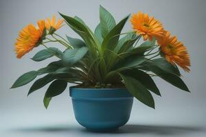 Flowers in a pot on a solid color background. ai generative photo