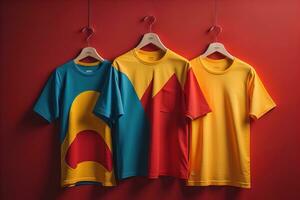 Colorful t-shirts in front of dark background. ai generative photo