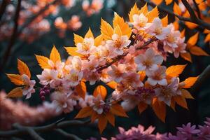 Cereza florecer sakura flor en azul cielo fondo, ai generativo foto