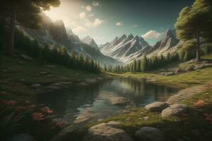 hermosa fantasía paisaje con un río en el montañas. ai generativo foto