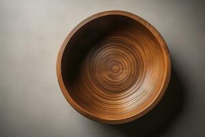 Empty wooden bowl on wooden background. Top view. Copy space. ai generative photo