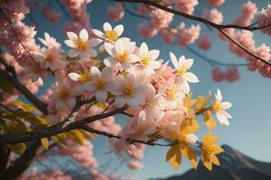 cherry blossom sakura flower on blue sky background, ai generative photo