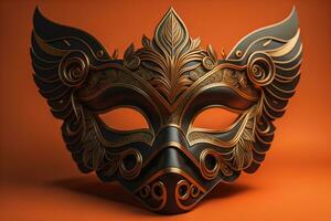 Venetian carnival mask with golden ornament on a solid color background. ai generative photo