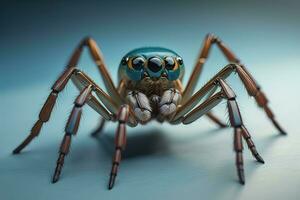 saltando araña de cerca en sólido color fondo, espacio de copia. ai generativo foto