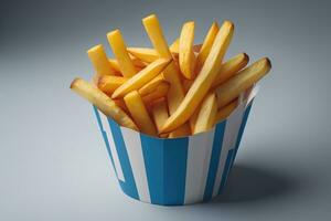 Appetizing french fries on the wooden table, close-up photo