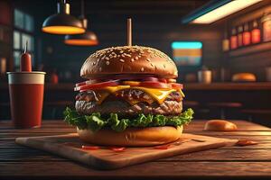 Big tasty hamburger on wooden table. ai generative photo