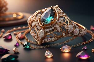 Boda anillo con diamantes en un sólido color antecedentes. joyas. ai generativo foto