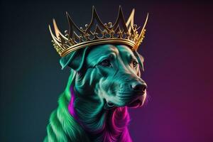 Portrait of a cute dog in a golden crown on a solid color background. ai generative photo