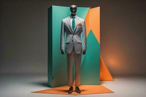 Stylish suits on mannequins on solid color background, closeup. ai generative photo